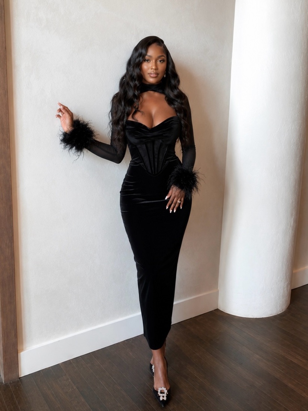 House of cb Thalia black velvet corset maxi dress